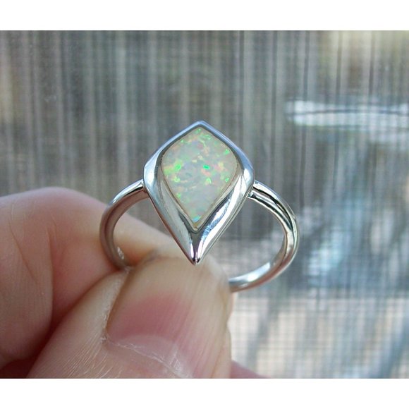925 STERLING SILVER Lab Created Mystic Shape White Opal Ring - Picture 7 of 16